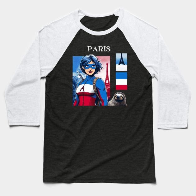 Paris France 80s Female Comic Book Superhero Sloth Baseball T-Shirt by Woodpile